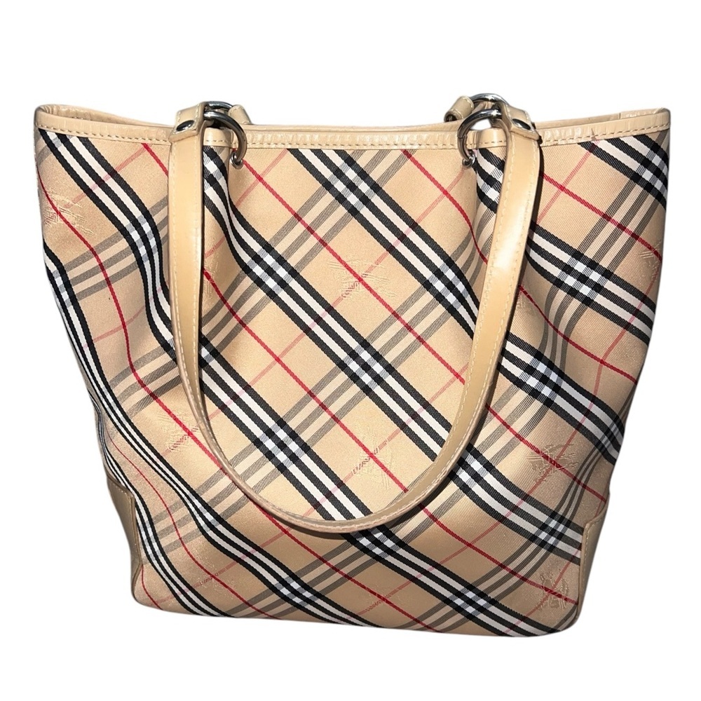 Burberry Nova Check Canvas Leather Tote Tan Black Red Traditional Plaid Pleated - Picture 2 of 16